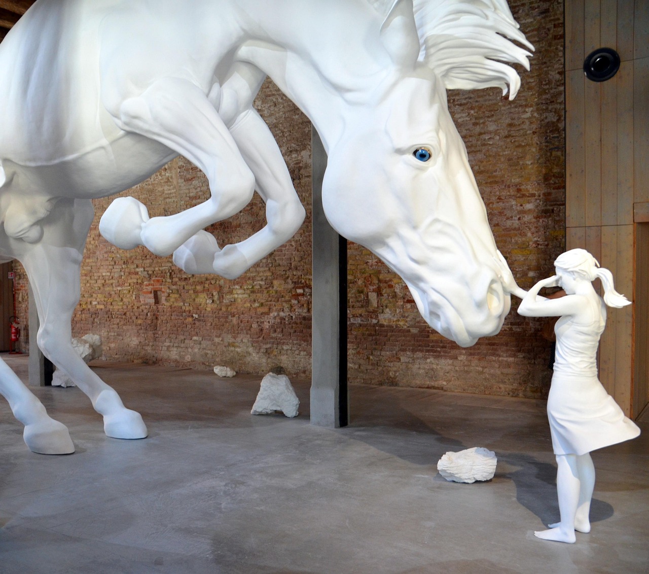 girl, horse, trust, nature, art installation, art, installation, biennale, white, animal