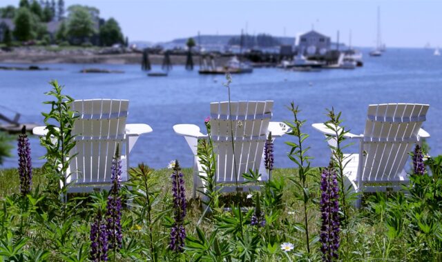 adirondack chairs, relax, harbor, boothbay harbor, maine, nature, bay, get away, vacation, summer, blue relax