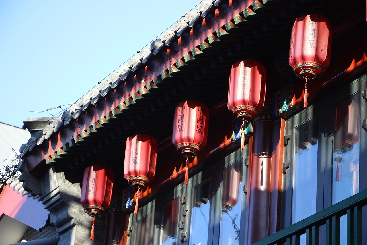 building, building with ancient style, red lanterns, roof, alley, near qianmen street, beijing, china