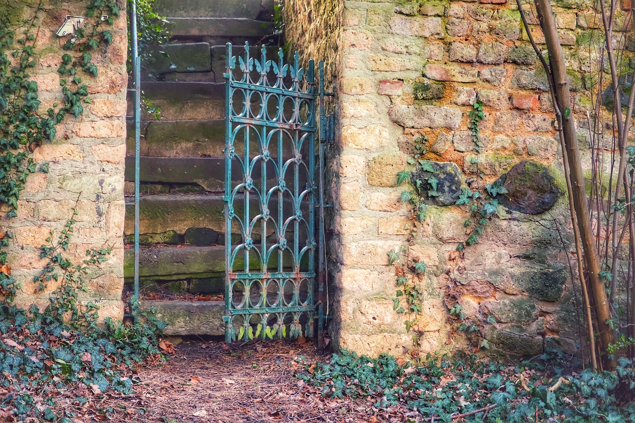 wall, door, stairs, cemetery wall, patina, metal door, weathered, nature