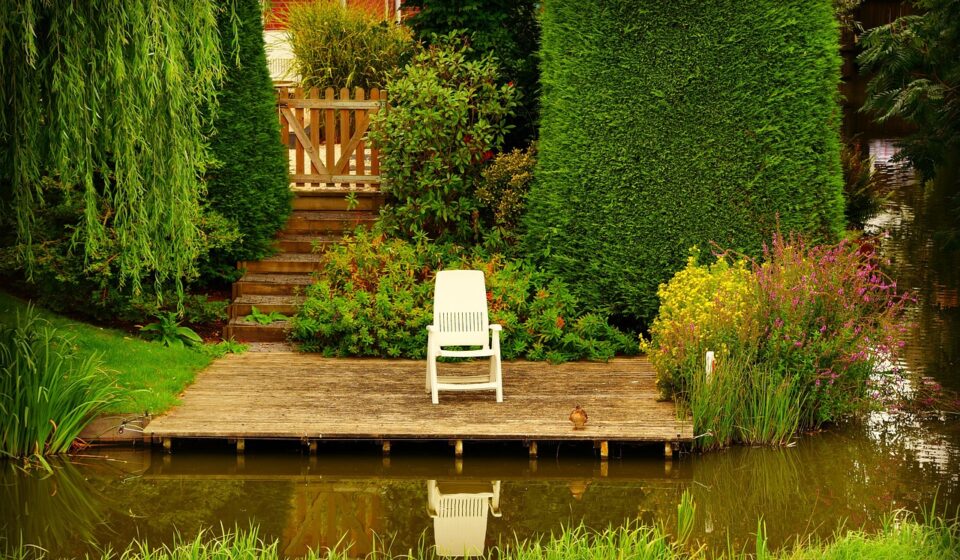wooden patio, chair, furniture, garden, water, nature, pond, tree, reflection