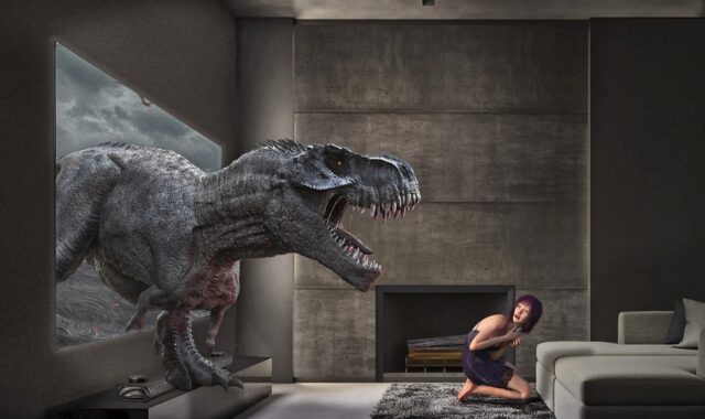 tv, photoshop, image editing, woman, schreck, fear, dinosaur, surprise, girl, room, space, people, astonished, photomontage, dino, dinosaur, dinosaur, dinosaur, dinosaur, dinosaur