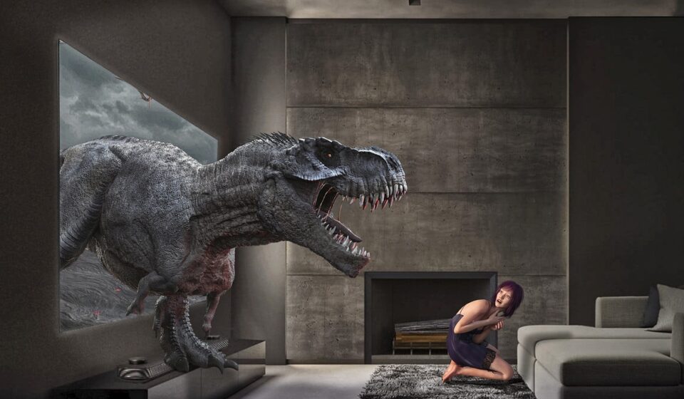 tv, photoshop, image editing, woman, schreck, fear, dinosaur, surprise, girl, room, space, people, astonished, photomontage, dino, dinosaur, dinosaur, dinosaur, dinosaur, dinosaur