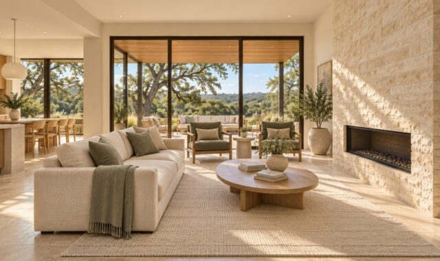 living room, modern design, open space, fireplace, nature, wooden ceiling, light colors, sofa, panoramic view, comfortable seating, terrace, hipster, calm atmosphere, natural light, cozy, large windows, luxurious, spacious
