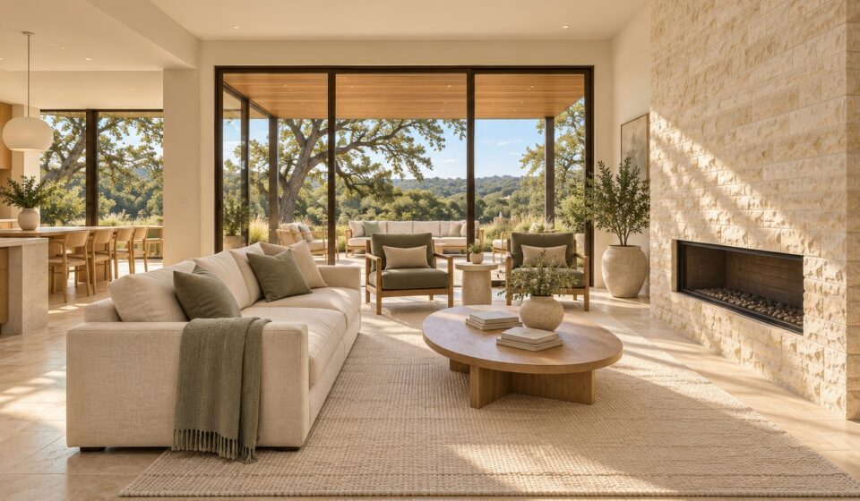 living room, modern design, open space, fireplace, nature, wooden ceiling, light colors, sofa, panoramic view, comfortable seating, terrace, hipster, calm atmosphere, natural light, cozy, large windows, luxurious, spacious