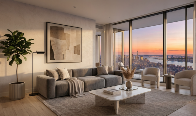 luxury apartment, city panorama, view of manhattan, floor-to-ceiling windows, gray sofa, marble coffee table, fiddle leaf fig, abstract art, modern interior, golden hour, wall art, vase with pampas grass, high-rise building, comfortable living room, urban lifestyle, minimalist design, high-quality furniture, designer furniture, silhouette