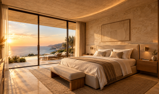 bedroom, luxury, modern, nature, ocean view, sunset, large bed, window, wood, modern design, comfort, interior, architecture, hotel, decoration, lying, room, glazed, relaxation, Barcelona, Catalonia, Spain