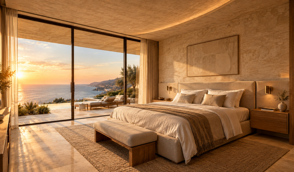 bedroom, luxury, modern, nature, ocean view, sunset, large bed, window, wood, modern design, comfort, interior, architecture, hotel, decoration, lying, room, glazed, relaxation, Barcelona, Catalonia, Spain