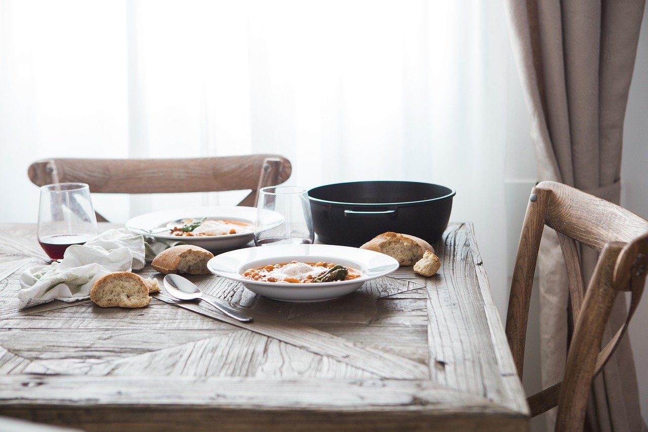 chairs, dish, food, meal, table, wooden